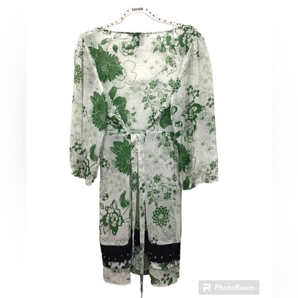 Fei Anthropologie floral white/green 3/4 sleeve tunic-dress size L - Picture 2 of 9